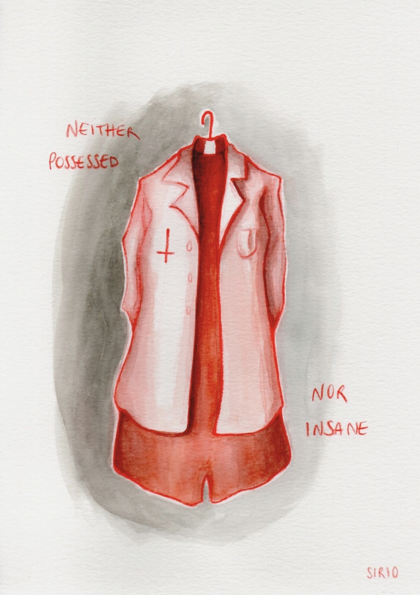 A red illustration of a doctor's coat on a hanger with the words "Neither possessed nor insane"