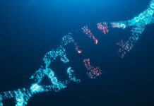 Critical Psychiatry Textbook, Chapter 2: Are Psychiatric Disorders Mainly Genetic or Environmental? (Part One) Illustration of dna strand unraveling, glowing bright blue against dark blue background