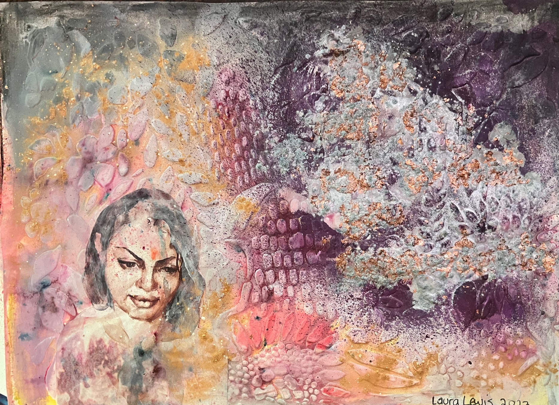 person on collage, reds and purples