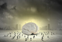 Critical Psychiatry Textbook, Chapter 2: Are Psychiatric Disorders Mainly Genetic or Environmental? (Part Two) Illustration depicts a giant glowing brain with tiny people standing all around it