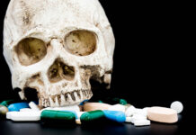 Critical Psychiatry Textbook, Chapter 7: Psychosis (Part Two) Photo of a human skull sitting on a pile of pills against a black background
