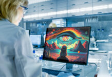 From Peer Support to Psychedelics: Psychiatry’s Co-Optation & De-Radicalization Photo depicting a female scientist in lab coat looking at a computer screen depicting a colorful psychedelic scene with a figure and a bright eye in the sky