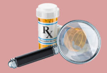 Critical Psychiatry Textbook, Chapter 6: Psychiatric Drug Trials Are Not Reliable Illustration of a magnifying glass and a pill bottle on a pink background