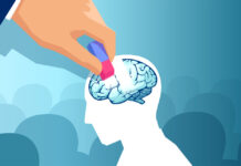 Critical Psychiatry Textbook, Chapter 7: Psychosis (Part Six) Illustration of a hand erasing part of a person's brain