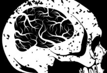Can Listening to Heavy Metal Be Therapeutic? Black and white illustration of a skull with a brain shape visible inside.