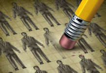 Critical Psychiatry Textbook, Chapter 8: Depression and Mania (Affective Disorders) (Part Six) Illustration depicting a pencil eraser erasing a person from a row of businessmen in suits