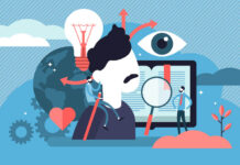 Neurodiversity Is a Scientific Revolution Vector illustration on blue background showing a person, book, magnifying glass, eye, and light bulb