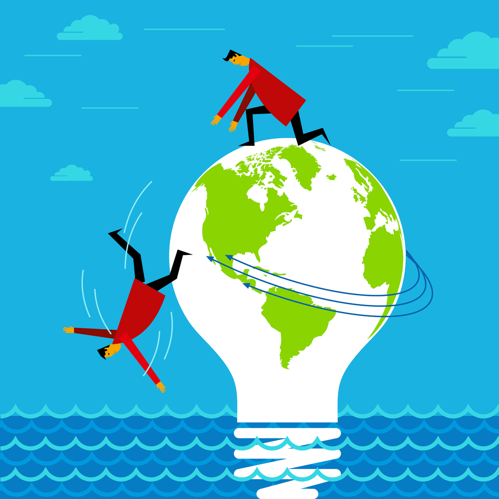 Person being pushed off of globe into water.
