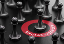 Critical Psychiatry Textbook, Chapter 8: Depression and Mania (Affective Disorders) (Part Ten) 3d illustration of pawns over black background and a red circle with the text bipolar disorder.