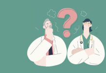 What Does it Mean to Be Borderpolar? Vector illustration, two doctors, a question mark between them, green background