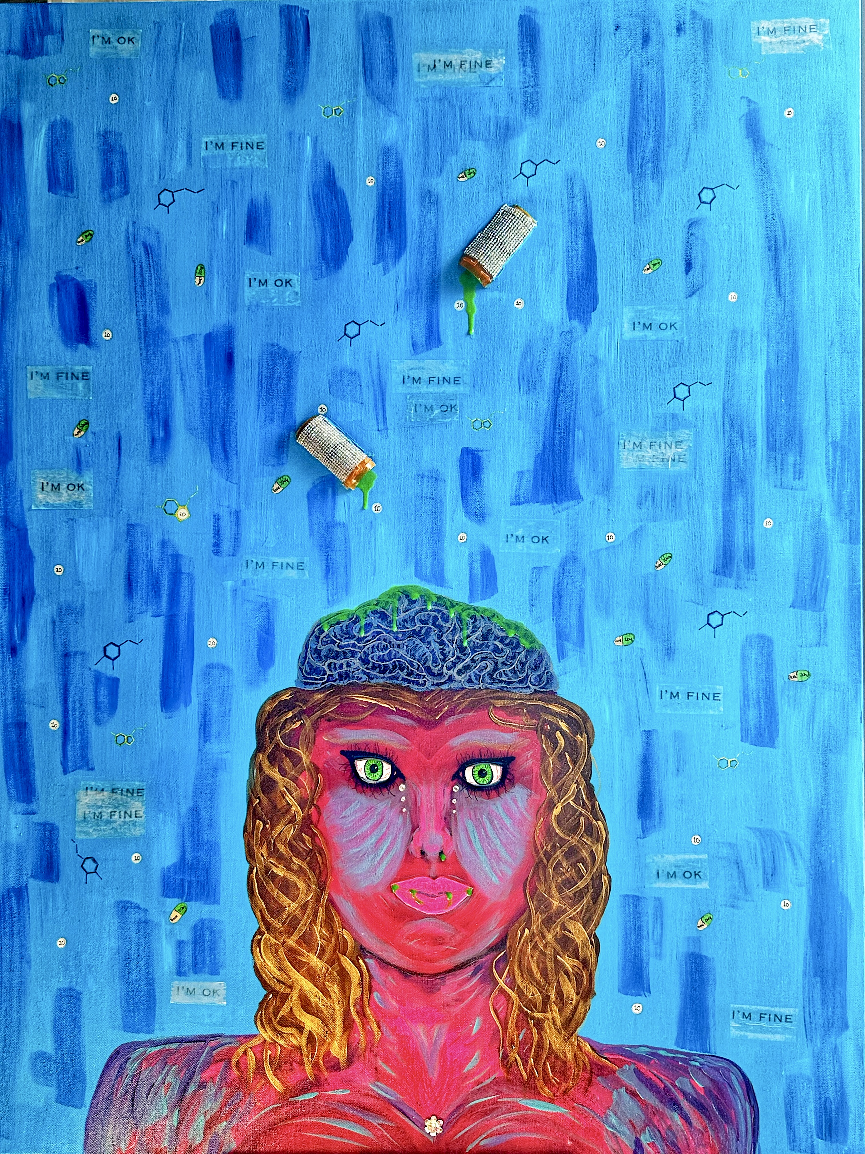 red humunoid on bright blue background with text "im ok"