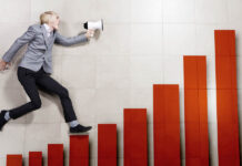 Critical Psychiatry Textbook, Chapter 8: Depression and Mania (Affective Disorders) (Part Twelve) Illustration depicting a person with a megaphone running up an increasing red bar graph as if it was steps