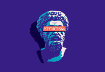 The Clinical Uses of Stoic Acceptance A purple background, illustration of a Roman statue (bust), the word "STOICISM" printed across its eyes