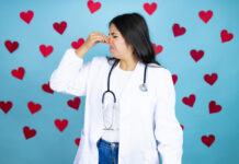 Institutional Forces Eroding Compassion in Mental Health Services Young doctor woman wearing medical coat and stethoscope over blue background with red hearts smelling something stinky and disgusting, intolerable smell, holding breath with fingers on nose