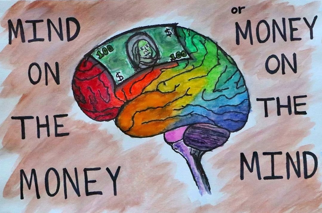 rainbow brain with a dollar on it and the text "mind on fat money or money on the mind"