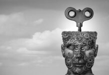 Psychiatry’s Control-Freak Medical Model Versus Healing and Healers Black and white 3D illustration of a face made of gears and a crank emerging from the top of the head