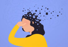 Critical Psychiatry Textbook, Chapter 11: Dementia Flat vector illustration of person's head turning into dots