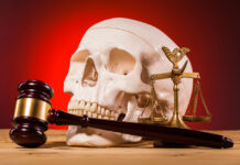 In the Courts, a Partial Win for Informed Consent and ECT Justice Photo depicting a gavel, scales, and a human skull all on a wooden table against a red background