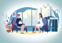 Critical Psychiatry Textbook, Chapter 14: Psychotherapy and the Role of Psychologists Vector illustration of psychologist and client
