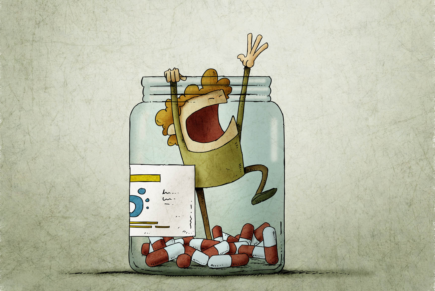 Illustration: man trapped in a bottle of pills tries to scream for help