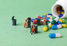 Cochrane Reviews of Psychiatric Drugs Are Untrustworthy A selective focus shot of garbage collectors, trash cans, and giant pills