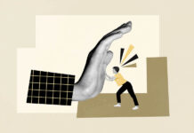 Why I Resigned from Mental Health America Creative collage portrait of mini black white gamma astonished girl touch huge arm palm isolated on drawing background.