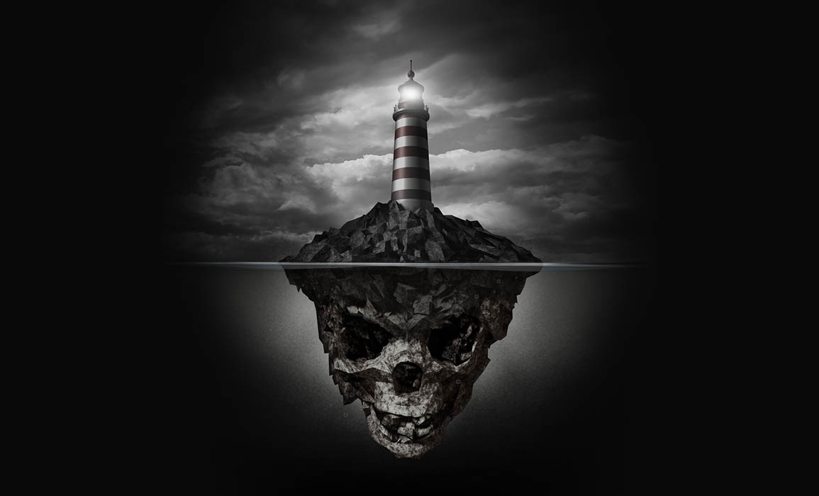 Dark, vignetted black and white illustration: a lighthouse on an island. Below the water, the island becomes a skull.
