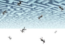 Critical Psychiatry Textbook, Chapter 16: Is There Any Future for Psychiatry? (Part Four) 3D illustration of an upside-down maze with business-people falling out of it into a white void