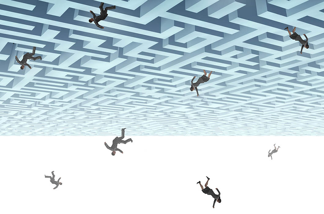 3D illustration of an upside-down maze with business-people falling out of it into a white void