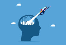 Madness and Method: Exploring the Realm of Unconventional Reasoning Vector illustration. Head shape with broken prison bars; a man in a suit launches out on a jetpack into a blue sky with clouds.