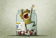 Critical Psychiatry Textbook, Chapter 16: Is There Any Future for Psychiatry? (Part Five) Illustration: Man trapped in a bottle of pills tries to scream for help