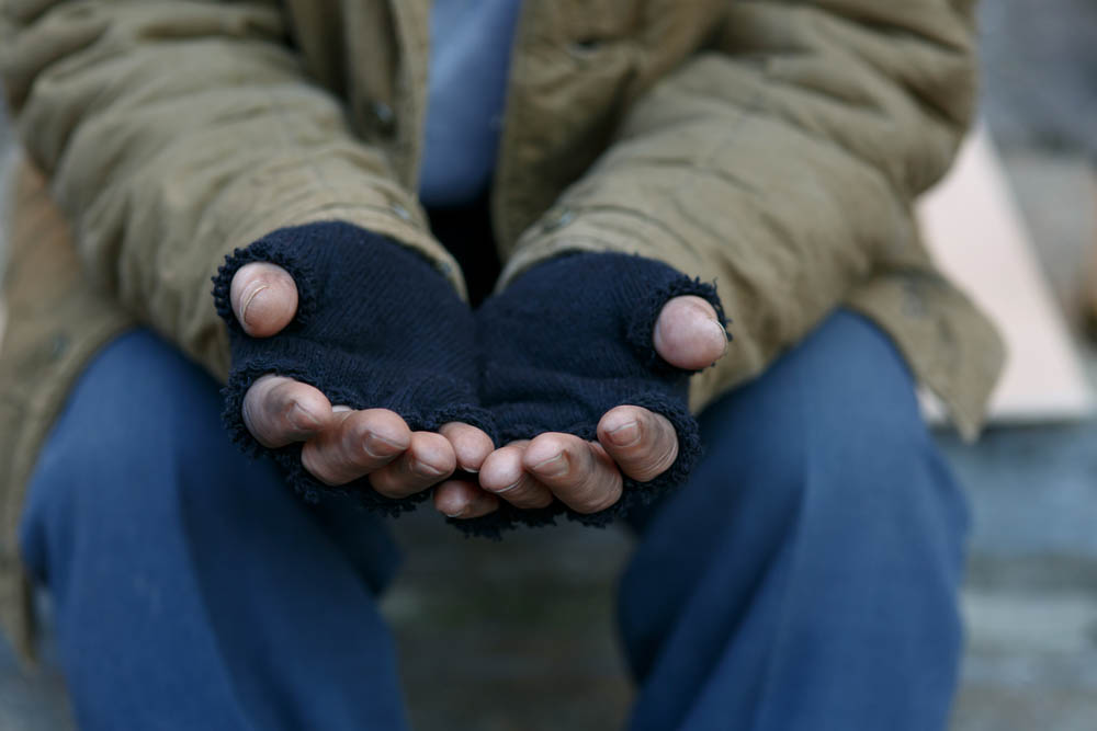 Closeup on gloved hands held up as if asking for help