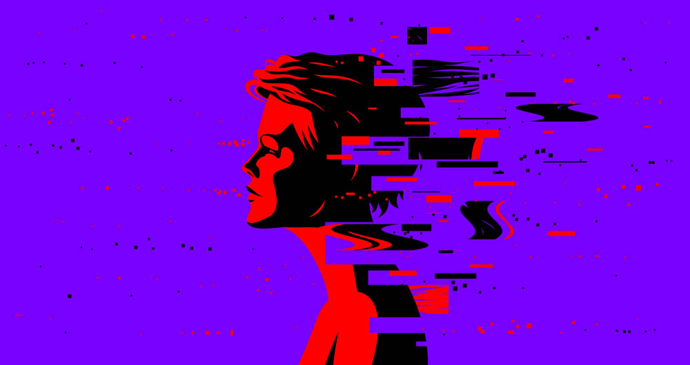 Woman profile with glitch dynamic particles in motion vector illustration