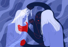 A Psychotic Experience can Help to Process Difficult Memories Vector illustration of a person looking upset, a dark ghost appears to torment them with red hands