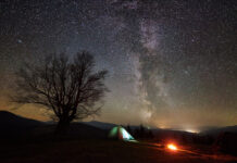 Embracing the Healing Potential of Natural Darkness in Ecotherapy Campfire burning near tourist illuminated tent. Night camping in mountains under starry sky and Milky way. Silhouette of big tree and distant hills on background. Tourism, outdoor activity concept