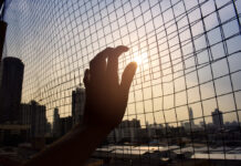 Asylum Process Produces High Levels of Distress, Impacts Mental Health silhouette hand holding on iron net cage with blue sky and city background sunset