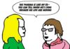 Pharma Is Like My Ex by Martha Rosenberg Cartoon with two people talking and the dialogue, "Big pharma is like my ex—you can tell when he's lying because his lips are moving"