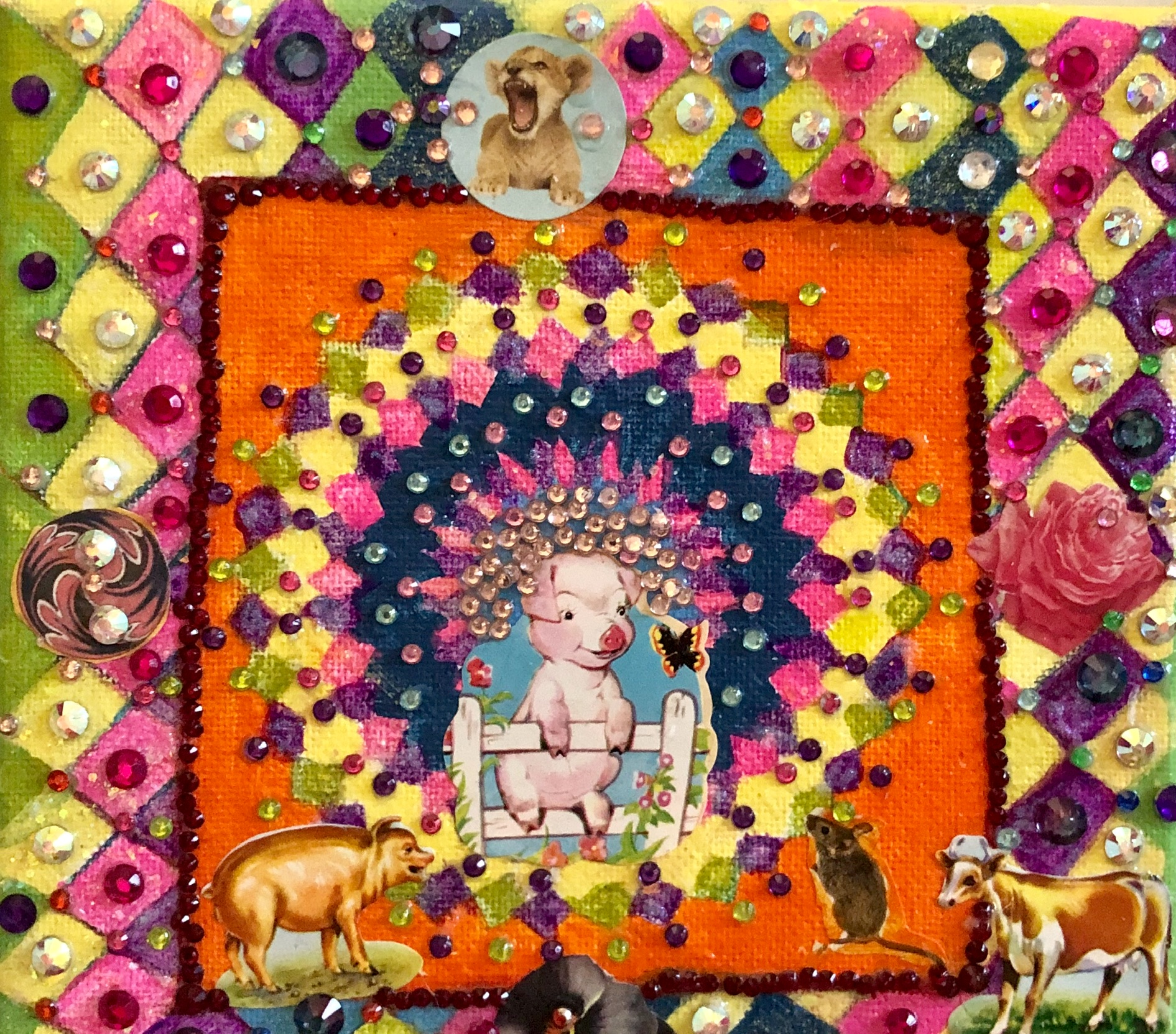 Collage with piglet and farm scene at the center of a radiant design