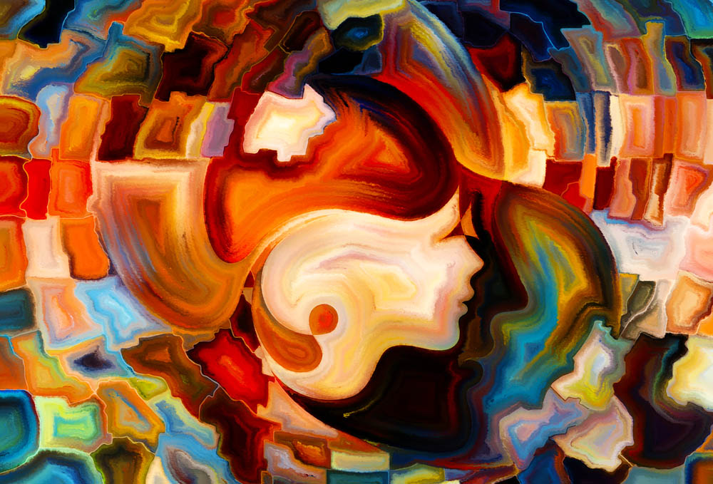Artistic background made of elements of human face, and colorful abstract shapes