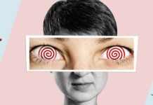 It’s Health’s Illusions I Recall, I Really Don’t Know Health at All Illustration depicting a face with hypnotized eyes, strings like a puppet