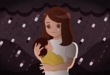 Enlarging the Treatment Lens for Postpartum Depression Illustration of a mother holding a baby with dark clouds in the background; pills fall like rain