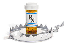 On the Brink of Murder Because of an Antidepressant Trap with medical bottle full pills. 3D rendering isolated on white background