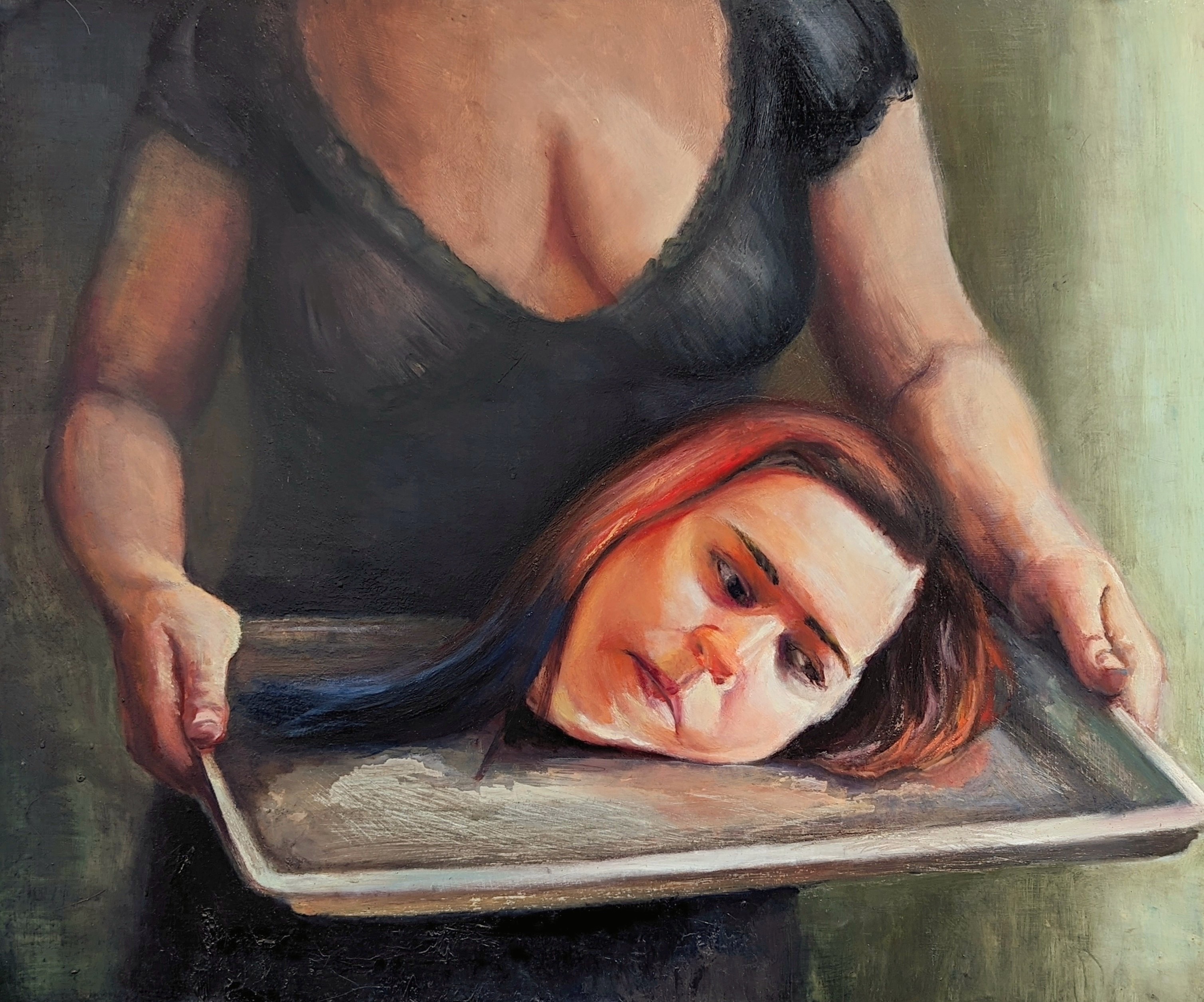 painting of woman (seen from shoulders down) holding a metal tray on which a woman's head rests, looking downward