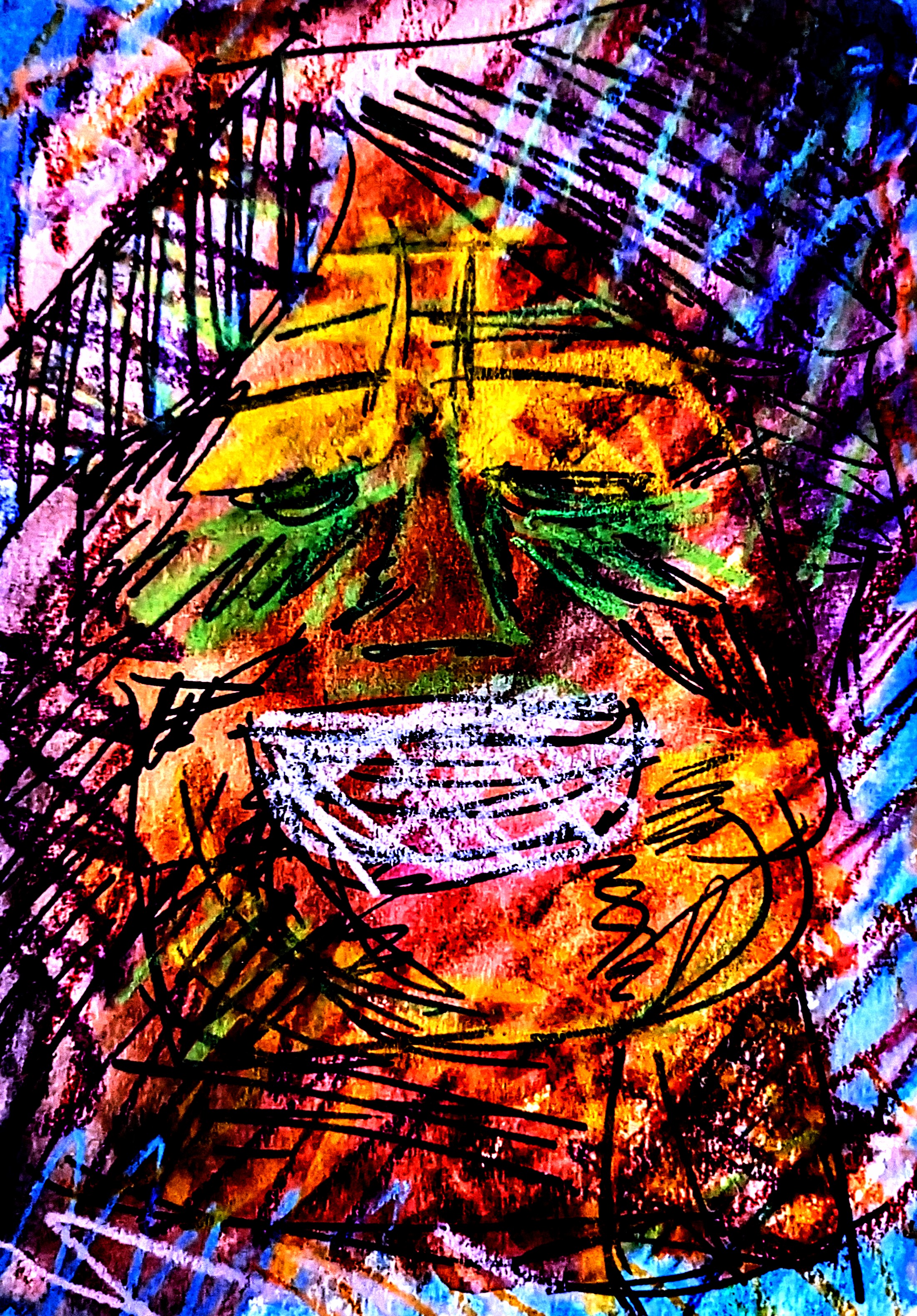 portrait in abstract form, colorful drawing, orange-tone wide face, green around eyes, big smile, forehead comes to a curved point, many surrounding zigzags