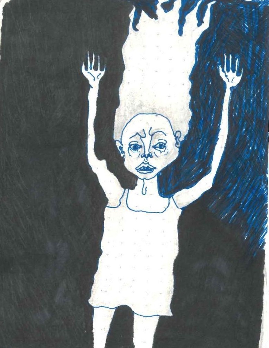 figure appearing to fall with hands up, in white with blue and black outlines, black and partly blue background