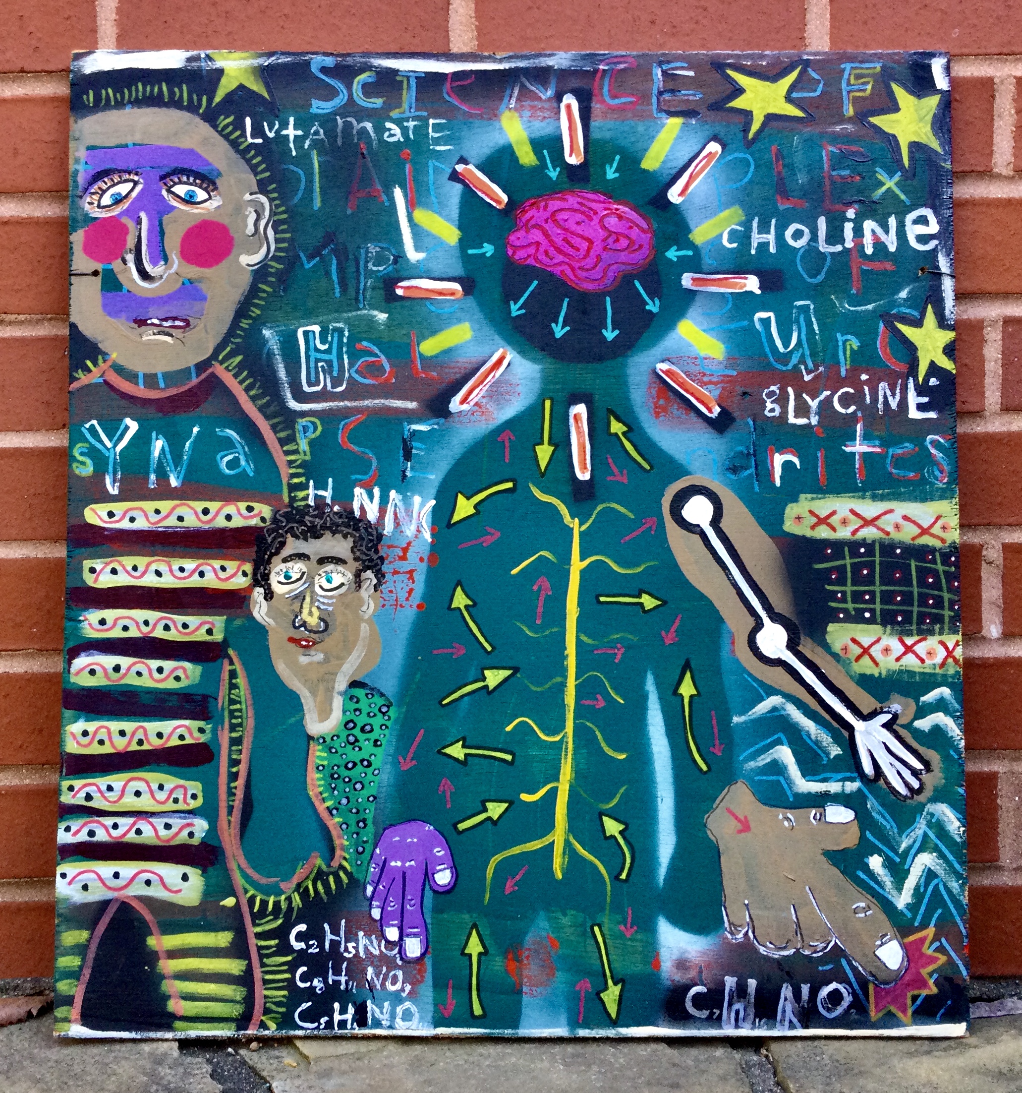 blue shadow-like body with pink brain, arrows and words indicating chemicals, in multicolor image with other human figures, patterns and star shapes