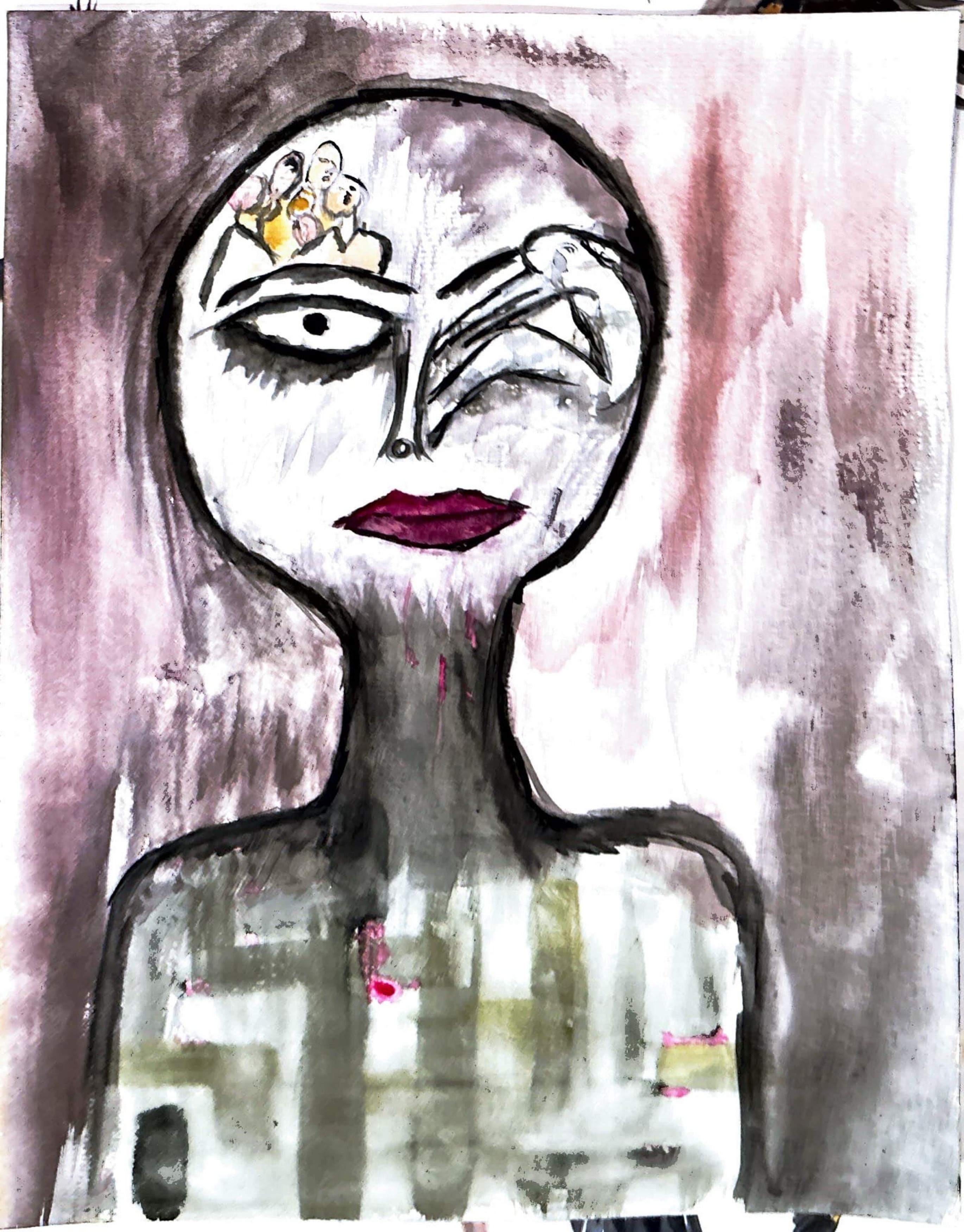 black-outlined figure with one open eye and a figure in place of other eye, and faces in forehead