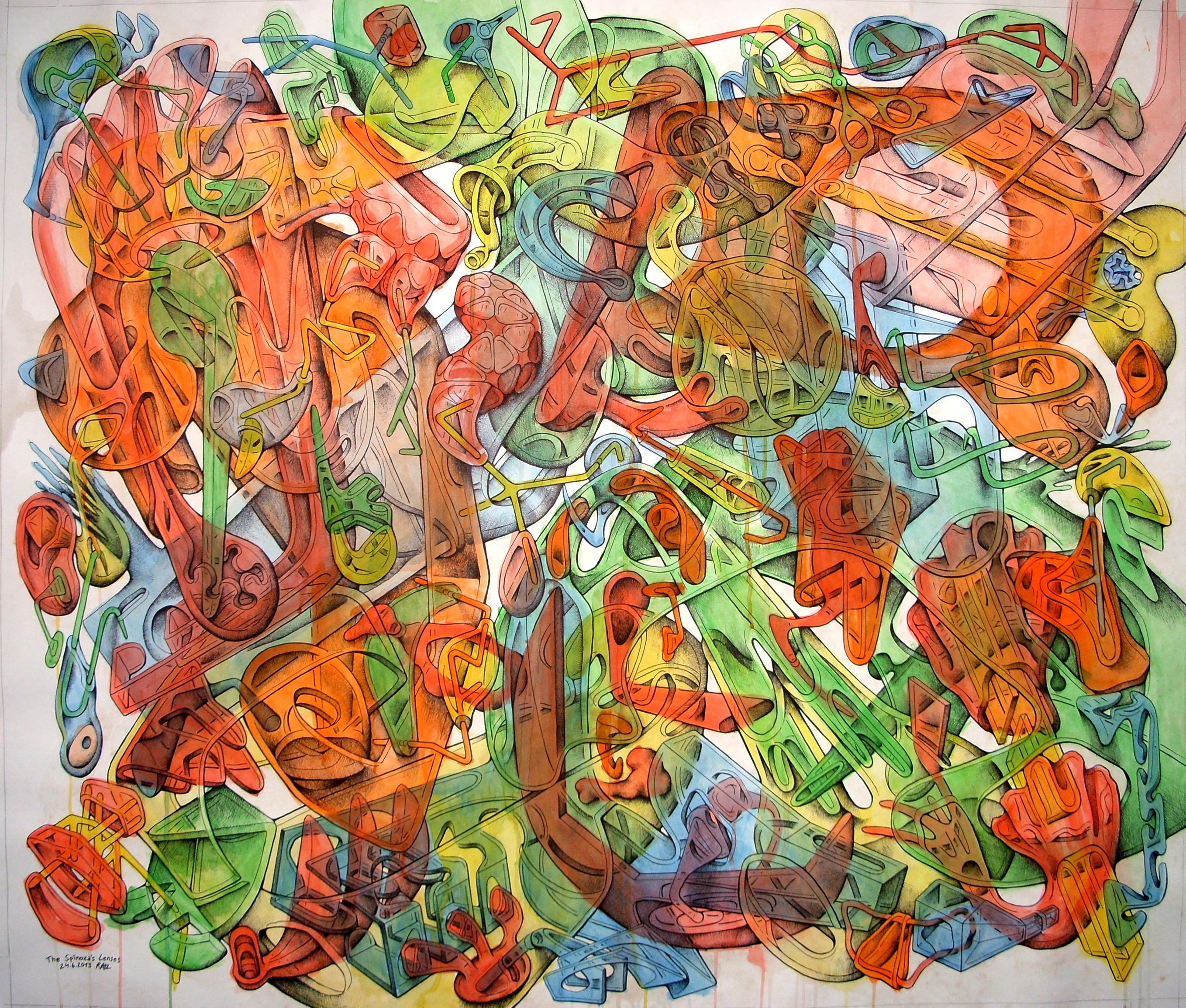 interconnected and multilayered forms/objects in high-density composition, predominantly orange and green with some yellow and blue