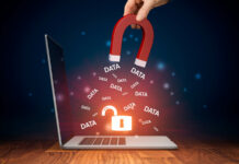 “Confidential” 988 Conversation Records Shared with Corporations Illustration of a magnet pulling the glowing word "data" out of a laptop computer