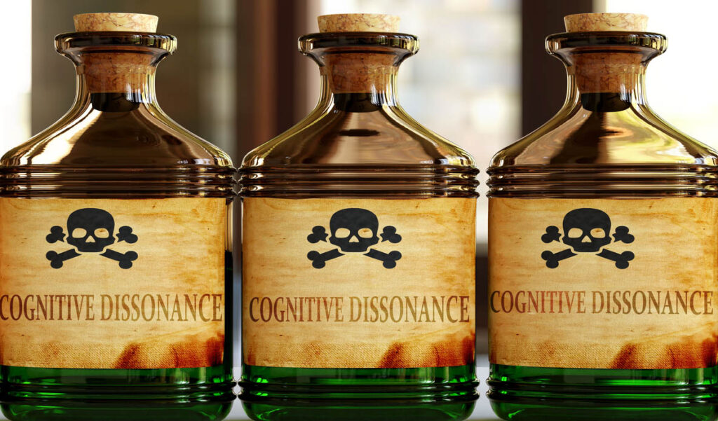 Illustration of poison jars labeled with a skull and the words "COGNITIVE DISSONANCE"